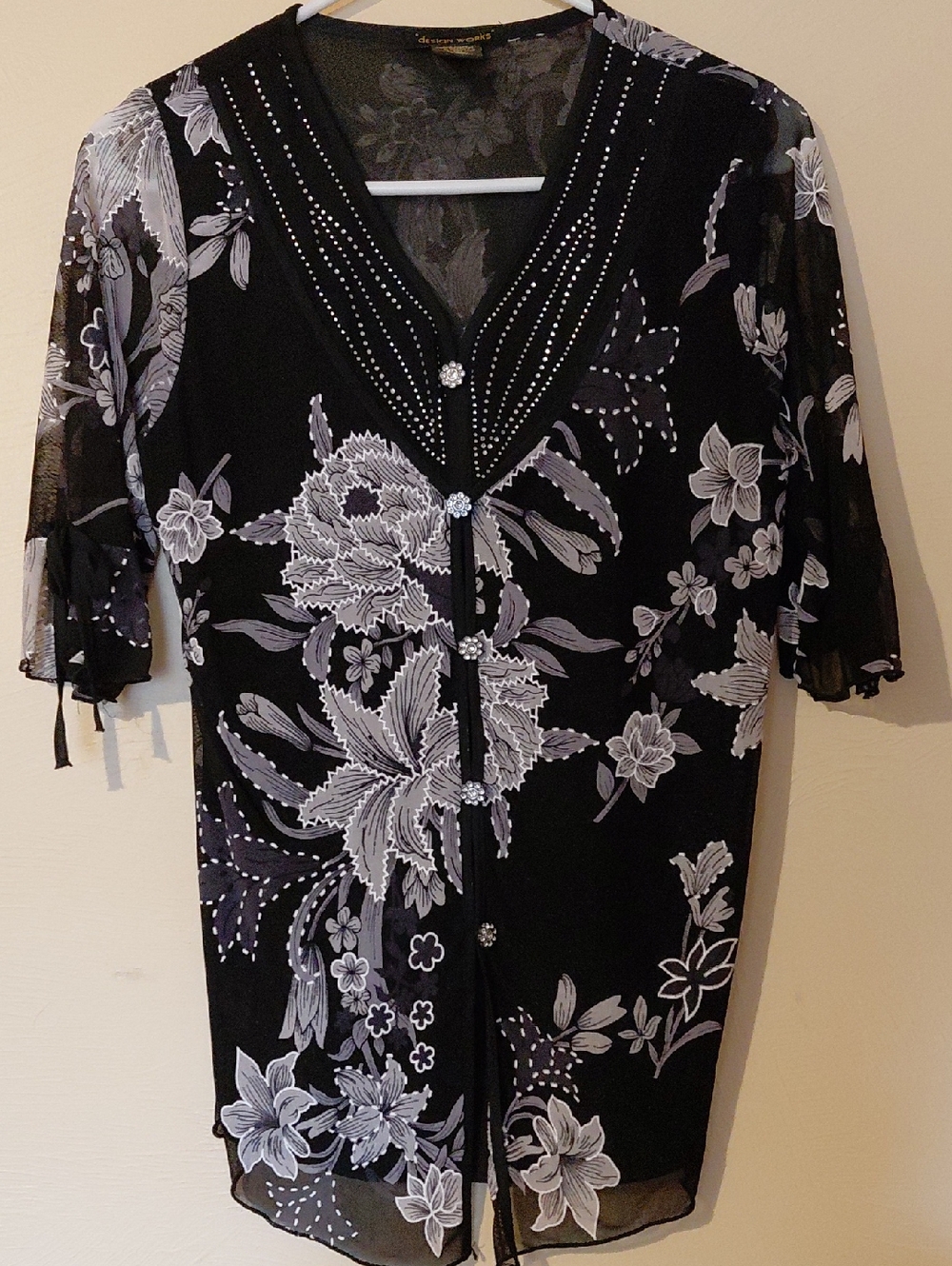 Design Works Black Floral Sheer Button-Front Blouse with Embellished V-Neck